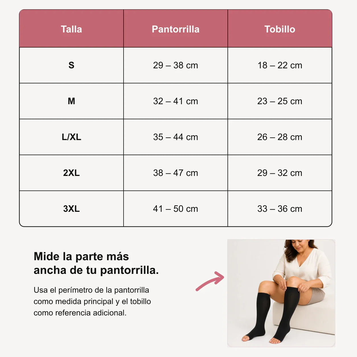 Guía de tallas KIMA para calcetines de compresión de bambú sin punta