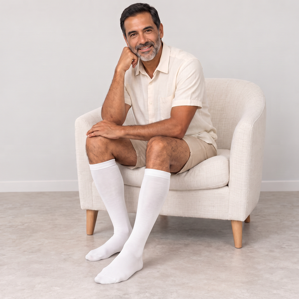 Calcetines de compresión de bambú KIMA para hombre en blanco, hombre sentado