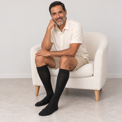 Calcetines de compresión de bambú KIMA para hombre en negro, hombre sentado