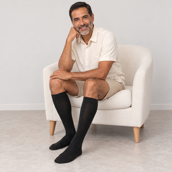 Calcetines de compresión de bambú KIMA para hombre en negro, hombre sentado