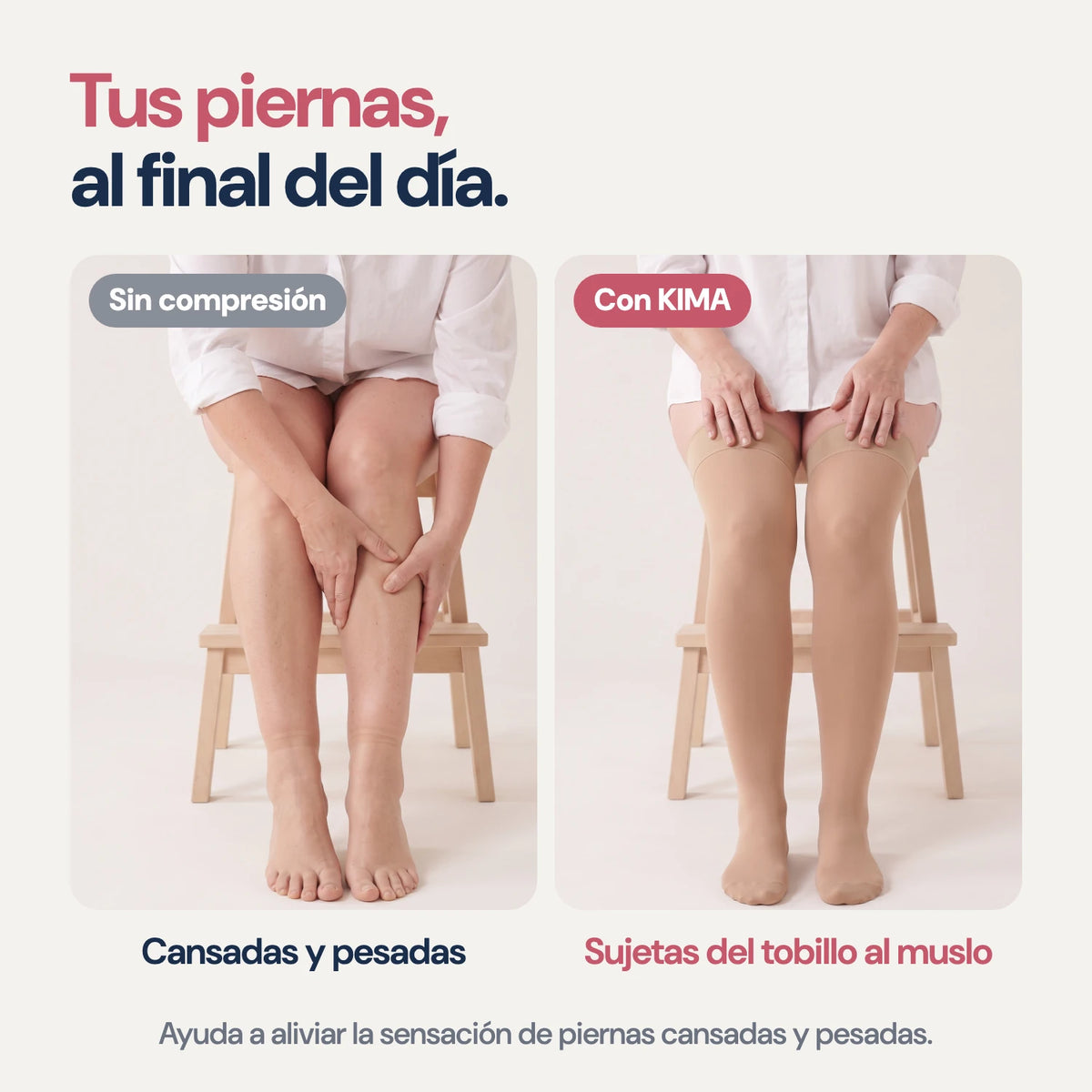Piernas al final del día: sin compresión y con las medias KIMA hasta el muslo
