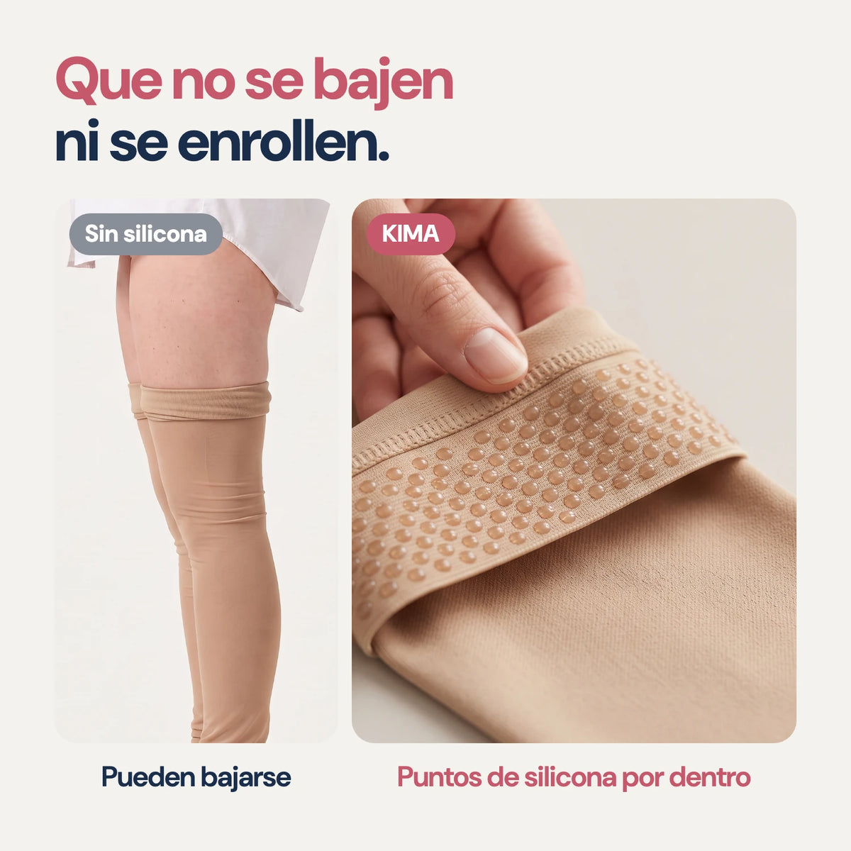 Banda ancha con puntos de silicona por dentro, pensada para que las medias no se bajen ni se enrollen