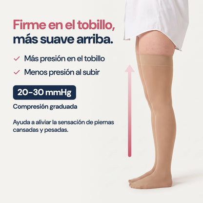 Compresión graduada 20-30 mmHg: firme en el tobillo y más suave arriba