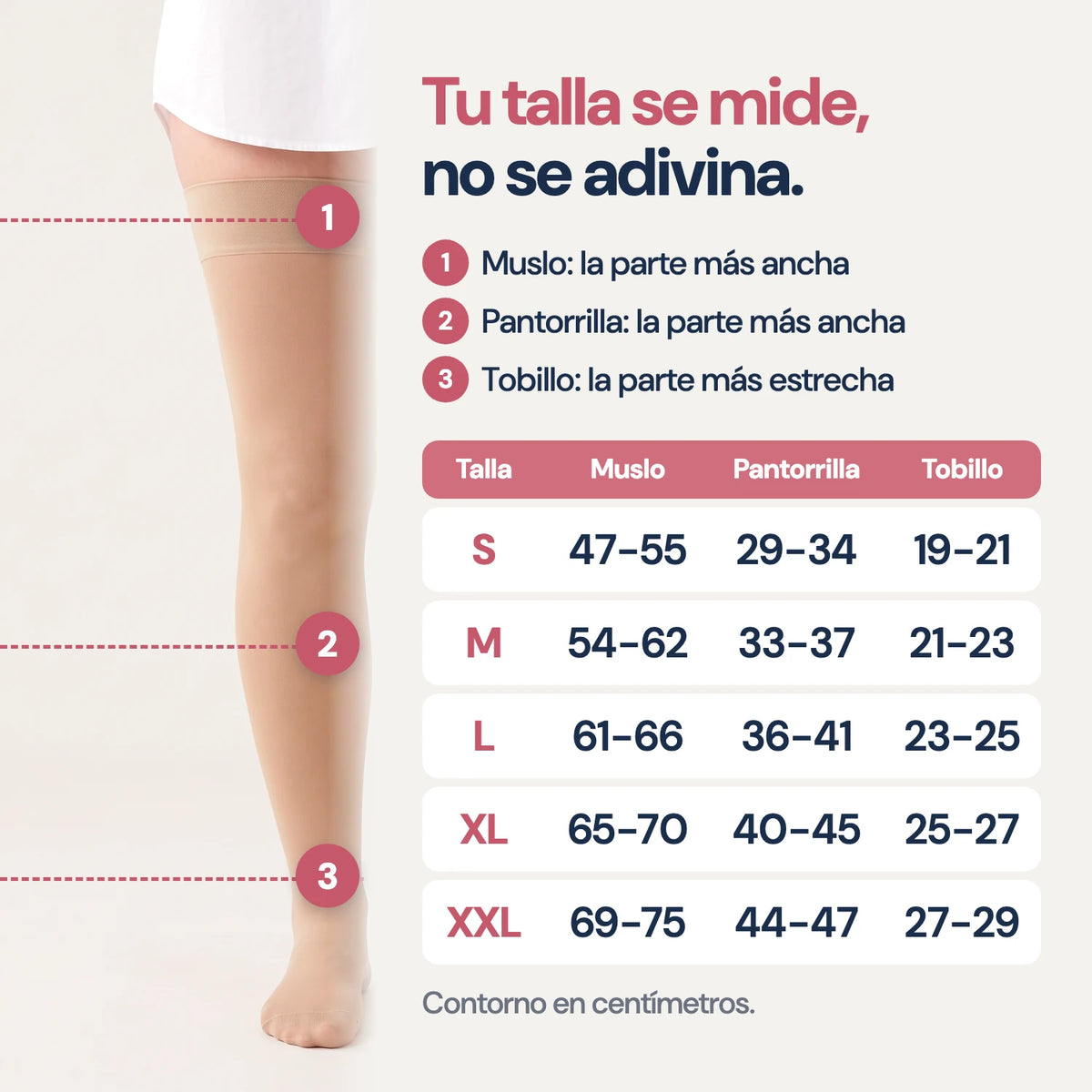 Guía de tallas de las medias KIMA hasta el muslo, de la S a la XXL