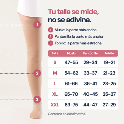 Guía de tallas de las medias KIMA hasta el muslo, de la S a la XXL