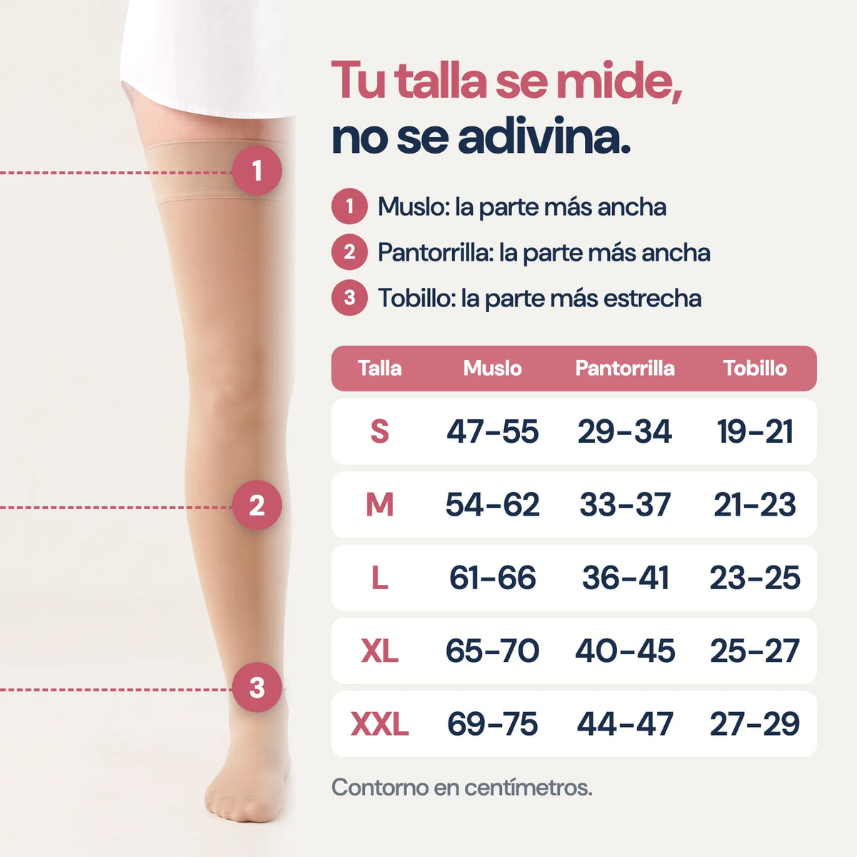 Guía de tallas de las medias KIMA hasta el muslo: muslo, pantorrilla y tobillo